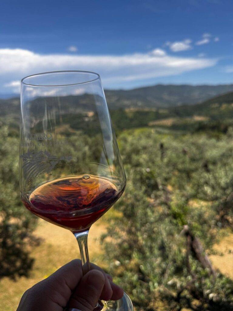 Glas rode wijn geheven tegen de Italiaanse heuvels